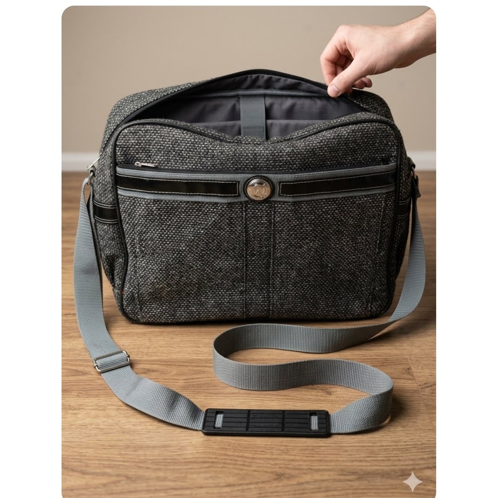 Vintage Jordache Messenger Bag Grey Tweed Woven Shoulder Travel Laptop Bag Mens